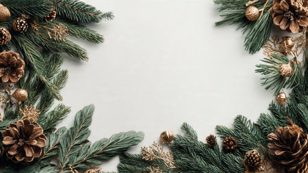 A classic Christmas composition with rich pine branches and timeless silver ornaments around a blank...