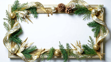 Lush and elegant holiday greenery border with classic gold and silver Christmas ornaments.