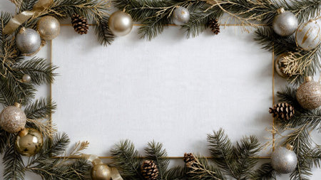 Soft-lit seasonal border featuring lush pine branches and shimmering metallic ornaments.