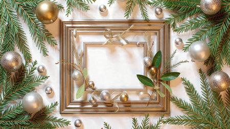 Christmas border with layered pine sprigs, silver baubles, and delicate gold ribbons.の写真素材
