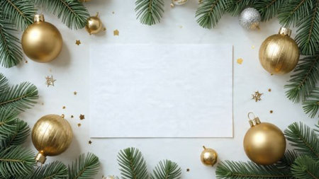 Dense pine border featuring rich metallic ornaments across both sides.