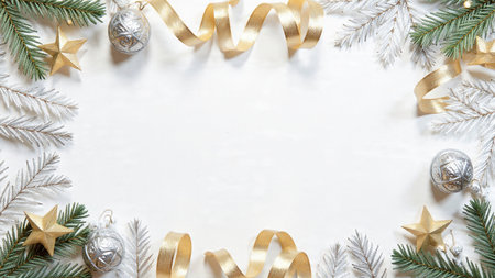 A festive symmetrical layout featuring lush pine leaves and shiny gold stars bordering a bright center.