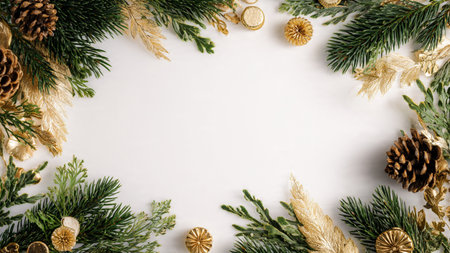 Holiday composition featuring natural pine leaves and metallic shine.