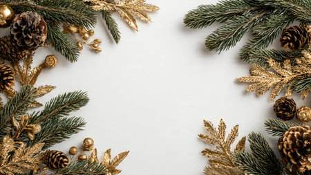 A sparkling holiday arrangement combining pine, pinecones, and festive metallic accents around the...