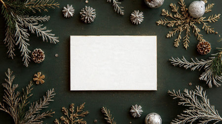 Christmas invitation frame decorated with gold ribbon curls, silver baubles, and lush pine branches.