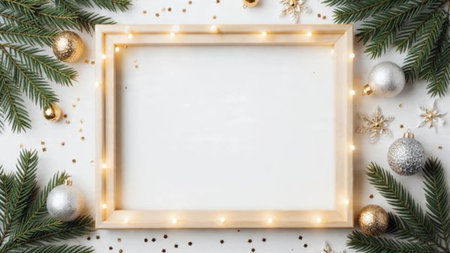 Cozy Christmas frame combining rustic pinecones and polished gold ornaments.の写真素材