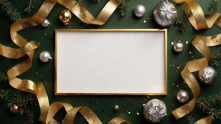 A modern decorative border combining fresh pine textures with glossy gold and silver baubles.