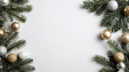 Christmas border with glowing gold balls and soft silver sparkles arranged over pine foliage.の写真素材