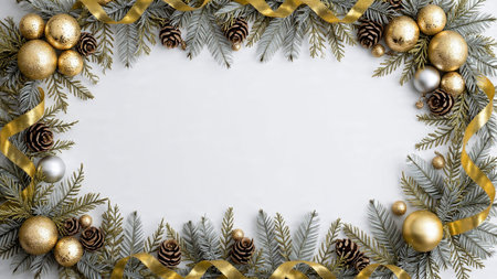 A neatly lined pine frame with gold and silver elements enhancing the festive theme.