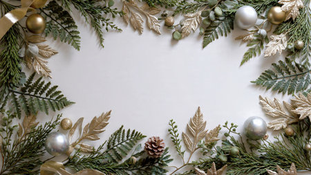Soft-lit holiday frame with natural pine greenery and shimmering metallic ornaments creating a warm, festive border.の写真素材