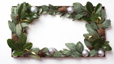A premium pine frame highlighted with golden ribbon waves and glittery silver decorations.