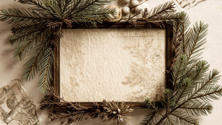 A simple yet elegant winter frame constructed with pine branches and metallic holiday elements.の写真素材