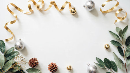 A holiday frame with layered pine textures and golden stars forming a visually rich border.の写真素材