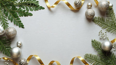 Holiday mockup with lush pine branches and glossy metallic Christmas decorations.の写真素材