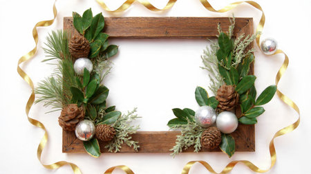 A modern holiday flat lay featuring curled gold ribbons and silver decorations framing a minimalist...
