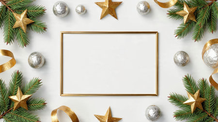 Golden and silver Christmas decorations woven through green pine framing a bright center area.の写真素材