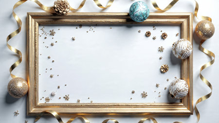 Traditional Christmas greenery border with evenly spaced gold and silver decorations.の写真素材