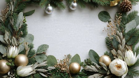 A festive edge design with lush pine and intricate metallic holiday accents.
