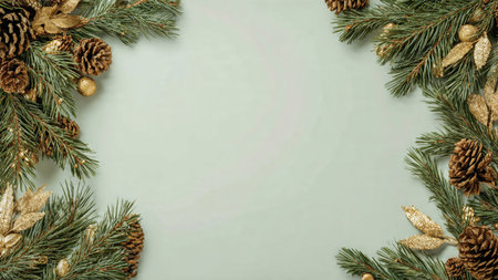 Winter-inspired Christmas frame with bright metallic accents over deep green foliage.の写真素材