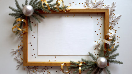 Cozy seasonal frame featuring pine greenery, gold ribbon waves, and soft silver ornament highlights.の写真素材