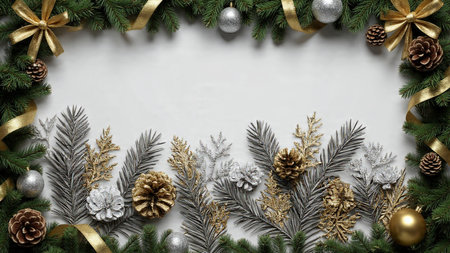 Cozy seasonal frame featuring pine greenery, gold ribbon waves, and soft silver ornament highlights.