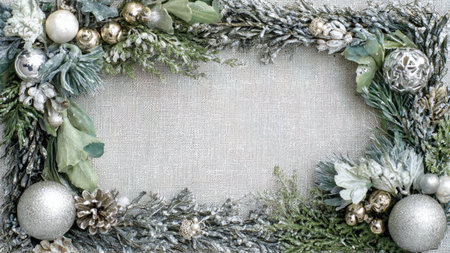 Soft festive border with curled gold ribbons and natural winter greenery.
