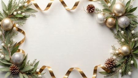 A clean holiday mockup featuring natural pine textures decorated with small metallic details.の写真素材