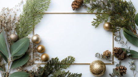 Elegant winter layout with symmetrical pine clusters and golden Christmas decorations.の写真素材