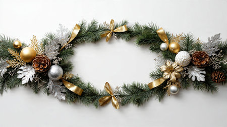 A festive white-centered frame enclosed by silver sparkling ornaments, golden stars, and fresh pine...