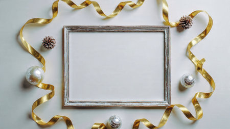 Luxury holiday design featuring soft-lit pine greenery with metallic Christmas ornaments.の写真素材