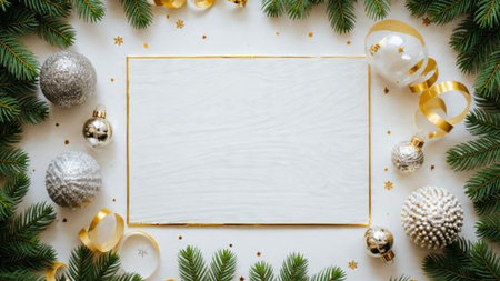 Elegant pine and metallic ornament arrangement surrounding a glowing white center.の写真素材