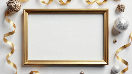 Festive greenery layout featuring shiny gold ribbons and elegant silver ornaments.の写真素材