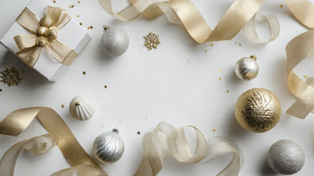 A natural pine layout accented with silver glitter balls and golden stars around a white background.