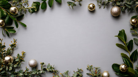 Winter holiday layout with pine needles and delicate shiny decorations forming a frame.の写真素材