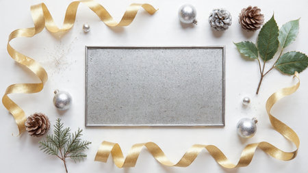 A bright winter border adorned with pine greenery, gold ribbons, and glittering silver ornaments.の写真素材