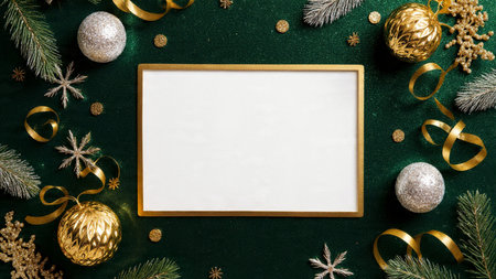 Christmas frame glowing with soft shadows and glimmering ornaments.の写真素材