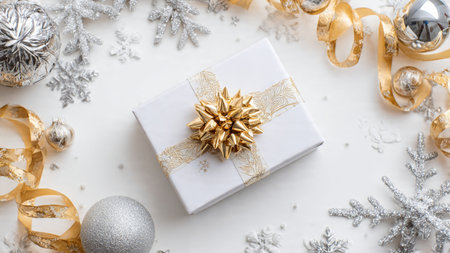 Glossy silver and gold ornaments sitting atop lush pine branches forming a festive border.