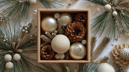 Elegant symmetrical winter frame with natural pine and luxury metallic designs.の写真素材