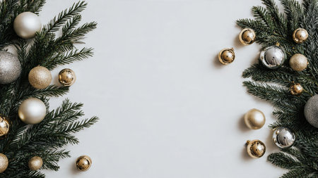 Christmas border with lush greenery and shimmering decorative tones.の写真素材