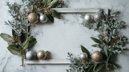 A premium Christmas layout with vertical pine borders accented by gold ribbons and rustic pinecones.の写真素材