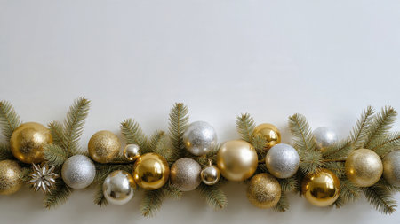 Christmas border with silver glitter ornaments, gold ribbon strips, and green pine arranged along the edges.の写真素材
