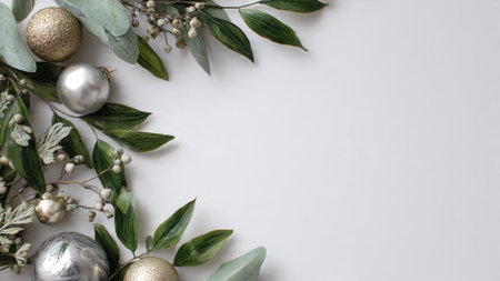 A professional holiday design bordered by pinecones, metallic ornaments, and pine branches.