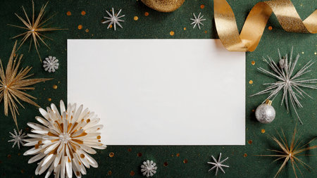 Modern holiday design with deep green pine and reflective metallic decorations along both edges.の写真素材