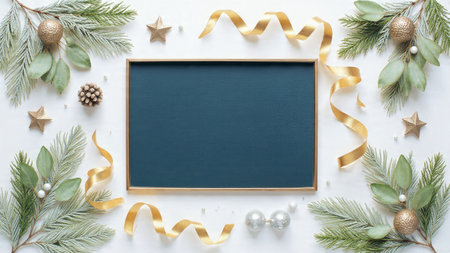 Winter-inspired Christmas frame with bright metallic accents over deep green foliage.