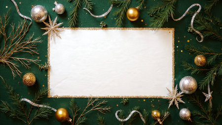 Festive frame lined with pine foliage, decorated gift elements, and softly glowing ornaments.の写真素材