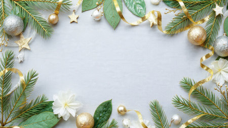 A minimal modern frame created with pine branches and small metallic baubles.の写真素材