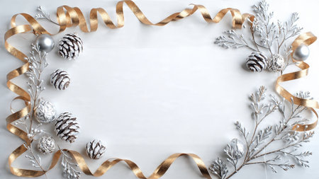 A soft Christmas border crafted from pine needles and metallic baubles around a bright white center.