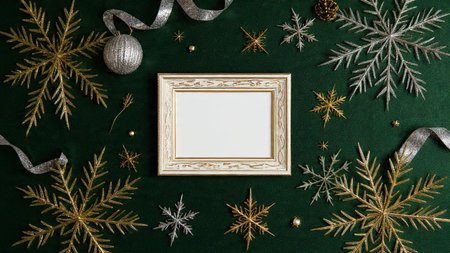 Modern festive layout featuring bold pine foliage decorated with sparkling ornaments.の写真素材