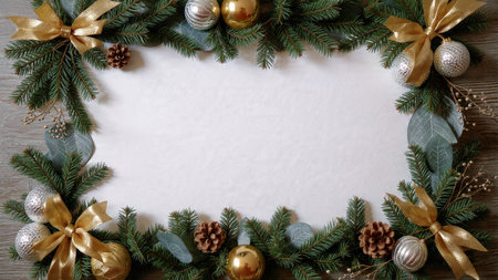 Winter foliage frame with gold stars and delicate silver spheres.