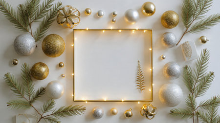 Bright Christmas design framed with gold and silver baubles nestled in pine branches.の写真素材